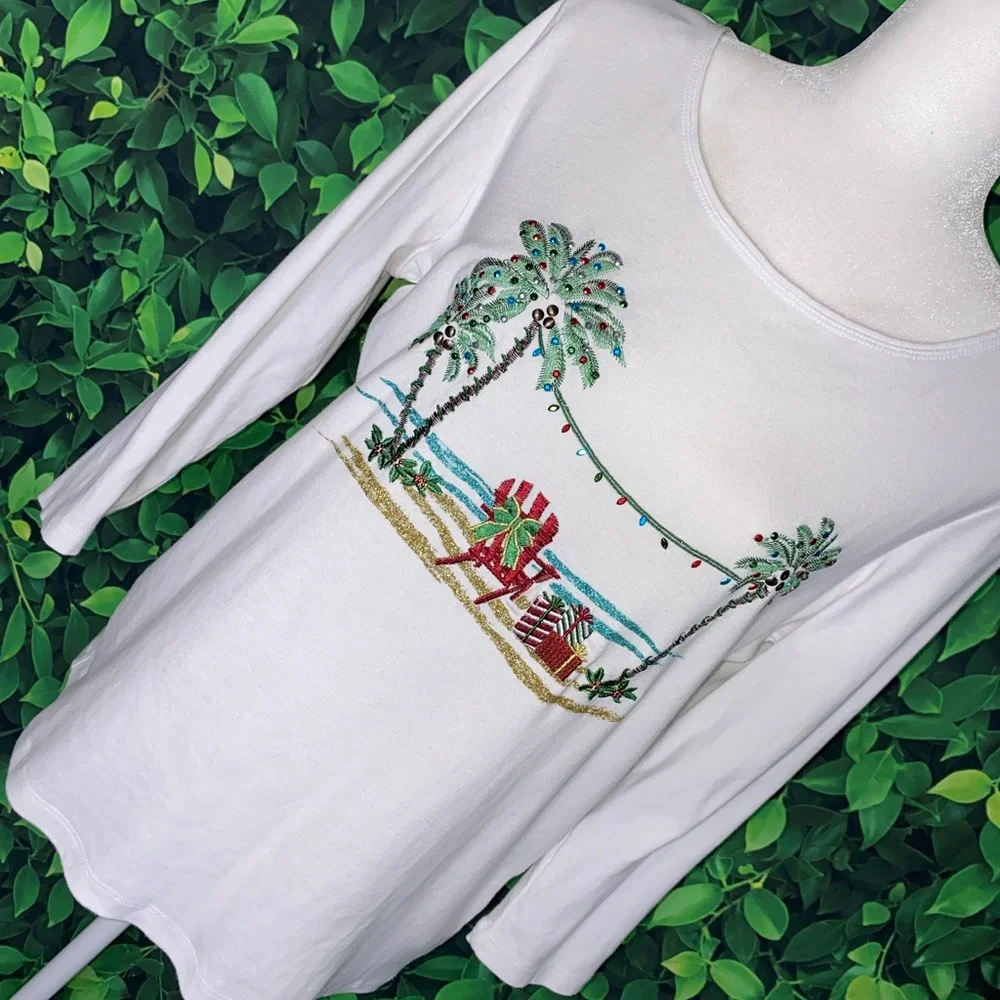 Karen Scott Coastal Christmas Embroidered Palm Tree Cotton Knit Top, Size M - Picture 3 of 6